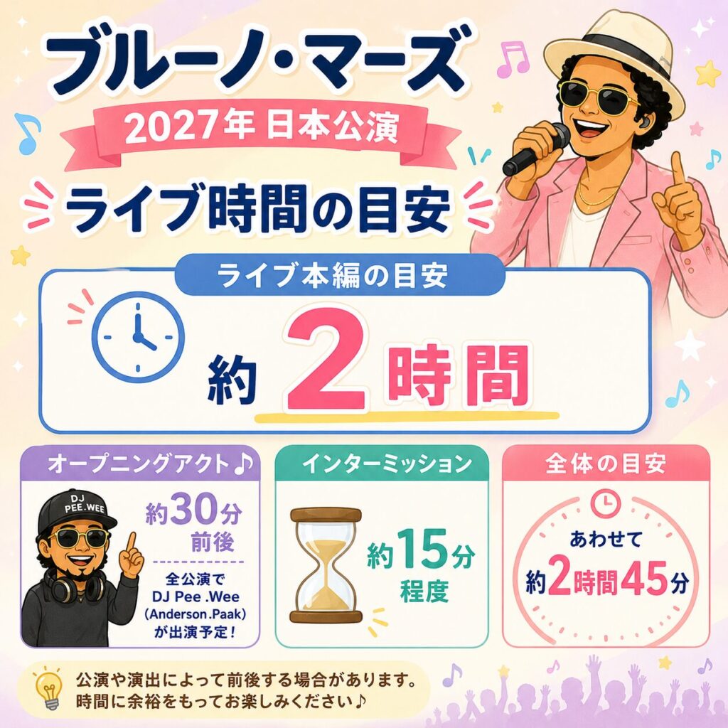 ブルーノマーズのライブ2027時間はどれぐらい？規制退場や混雑回避方法を解説！