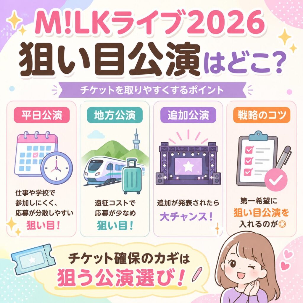 M!LKライブ2026倍率は？チケット当選率や狙い目公演も解説！