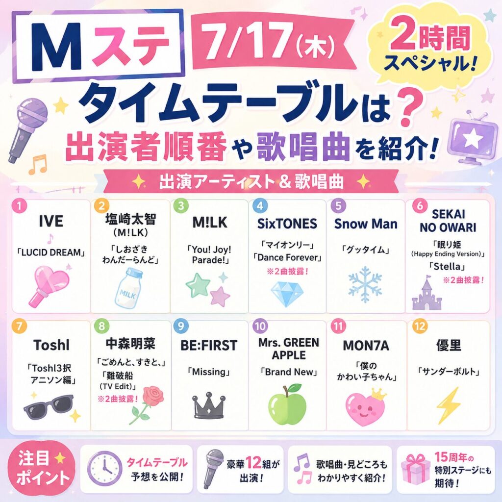 Mステ【7/17】2時間スペシャルのタイムテーブルは?出演者順番や歌唱曲を紹介!