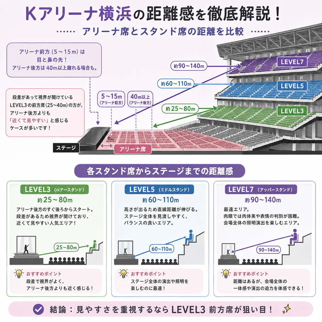 Kアリーナ アリーナ席とスタンド席の距離を比較