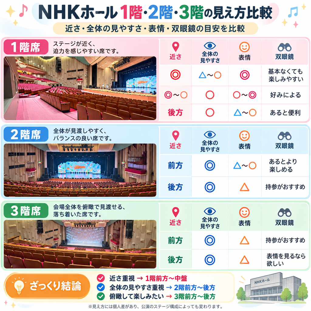 NHKホール1階・2階・3階 見え方比較